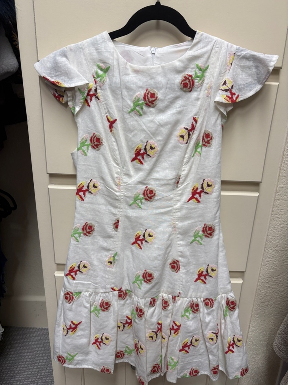 White Floral Embroidered Ruffle-Hem Dress